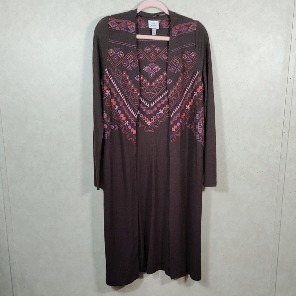 D149 Knox Rose brown waffle weave long line embroidered cardigan L